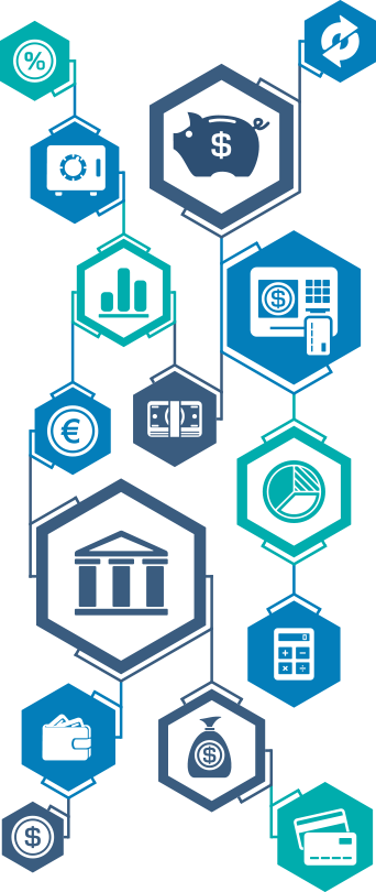 banking-related icons in shades of blue and teal
